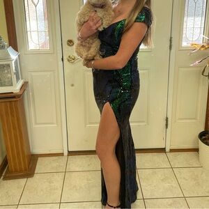 Green, Blue & Black Sequin High-Slit Evening Dress